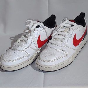 Nike white with red swoop, and black trim “All Day Play” tennis shoes; size 7Y